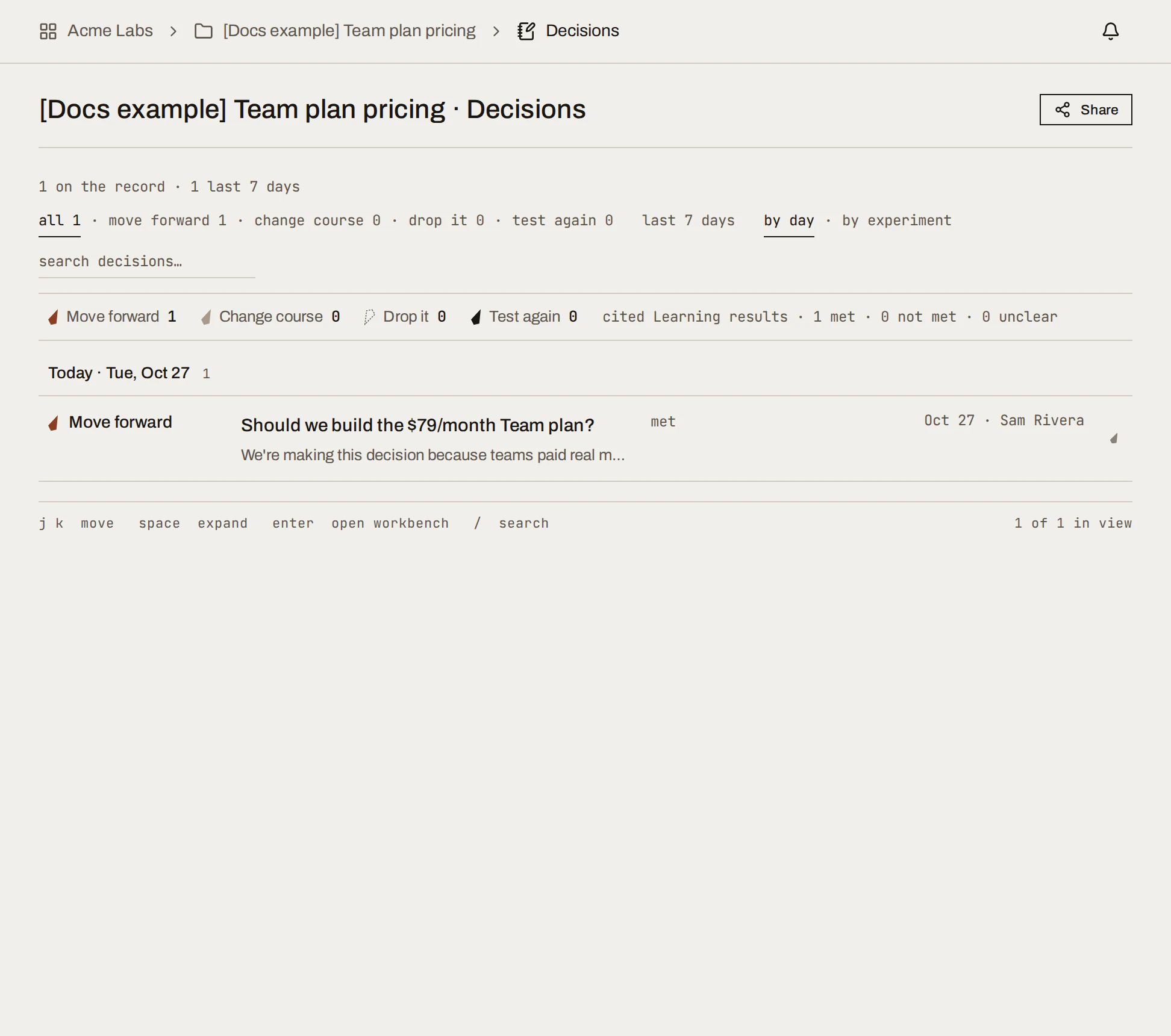 Decisions register with filters for each choice and one Move forward decision