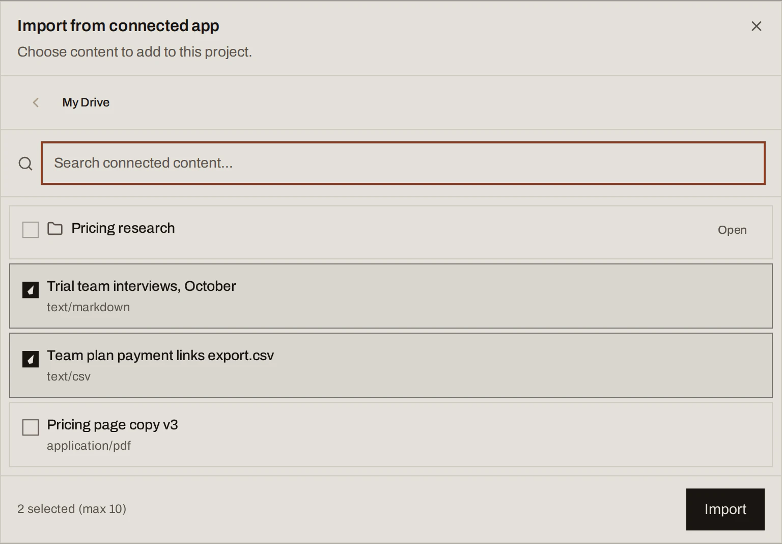 Import from connected app dialog with two Drive files selected for import