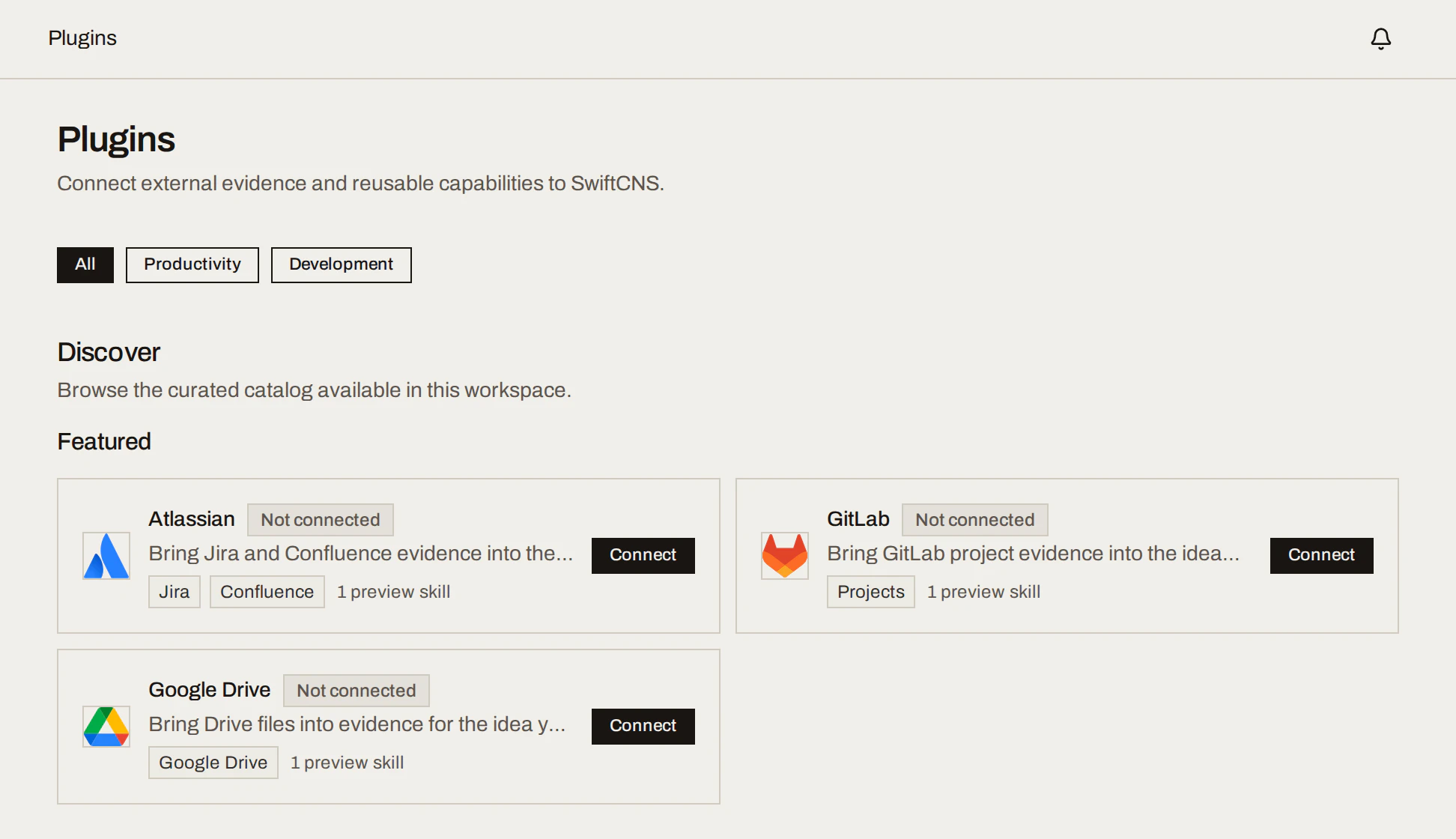 Plugins page listing Atlassian, GitLab and Google Drive, each with a Connect button