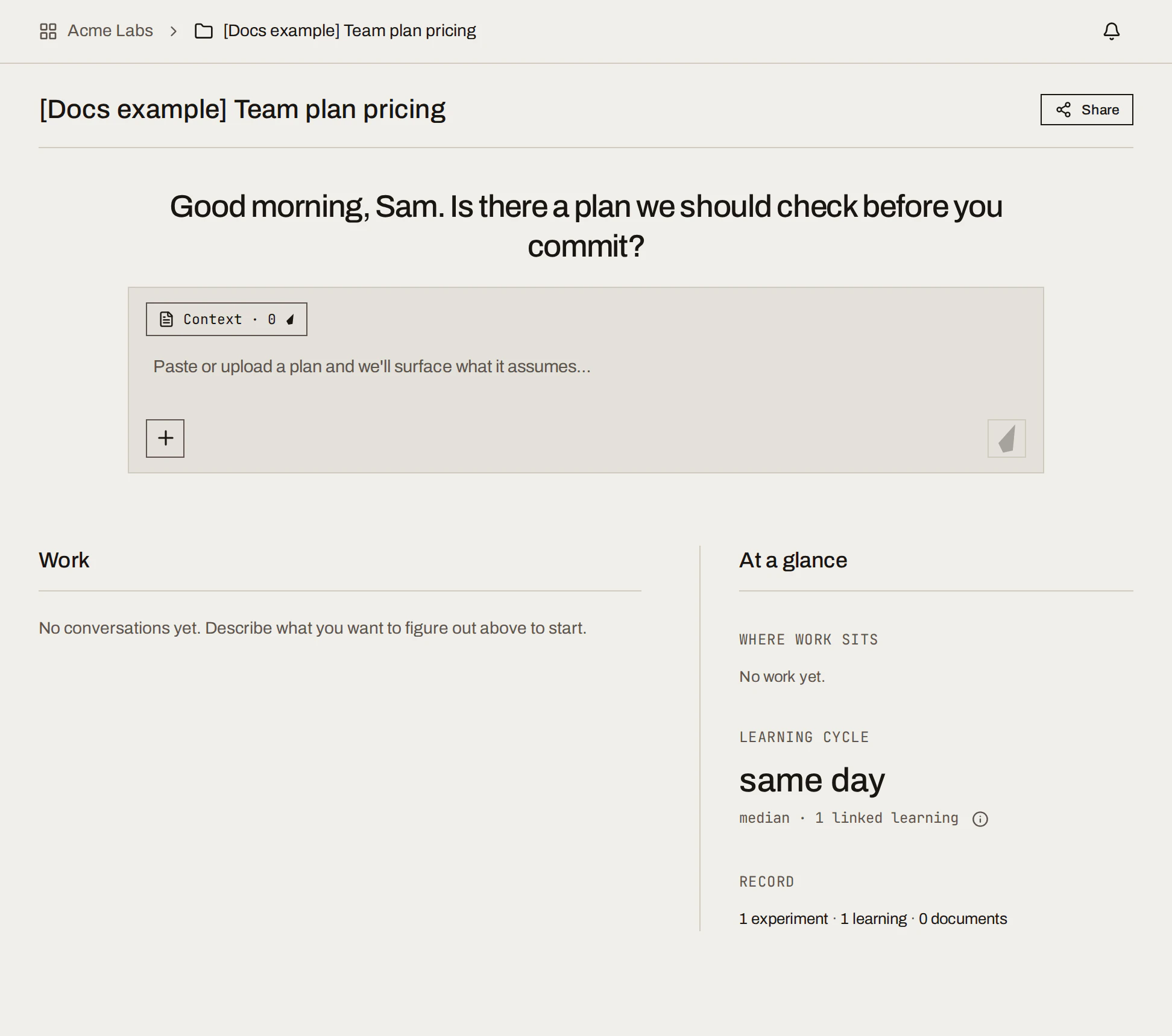 Project home with the Work list and the At a glance panel
