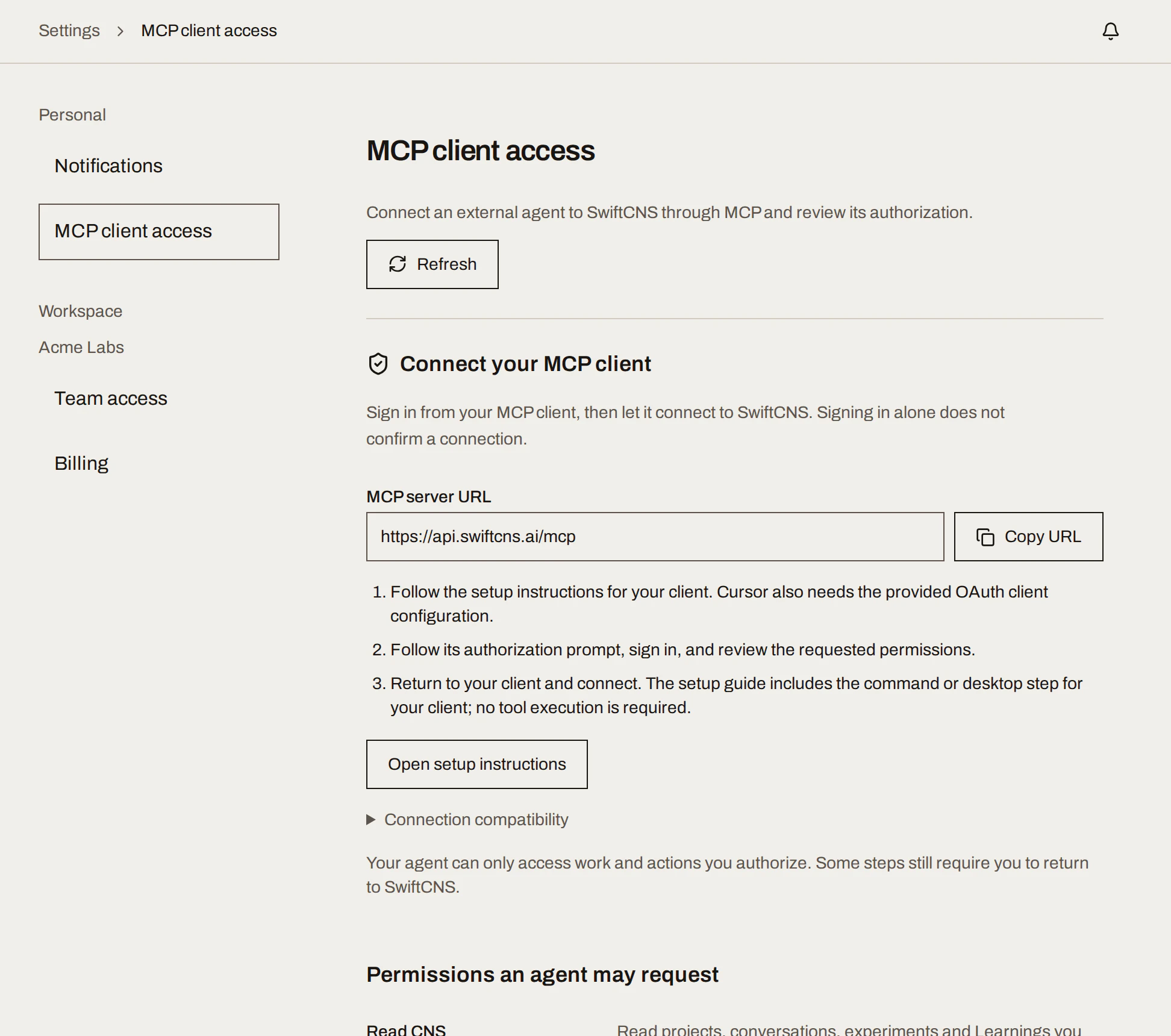 Settings, MCP client access: the server URL with Copy URL, setup instructions, and the permissions an agent can request