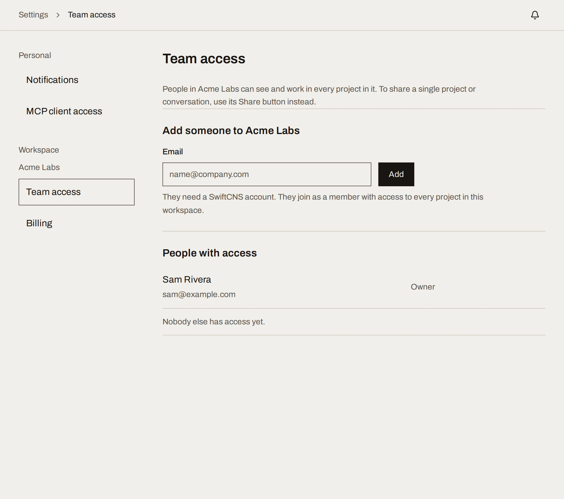 Team access settings with the add-by-email form and the list of people with access