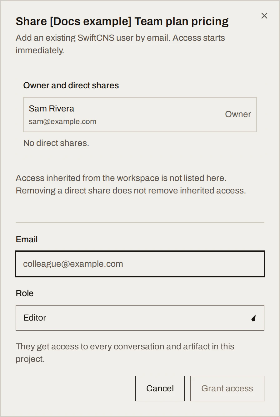 Share project dialog with the owner, email field and role selector