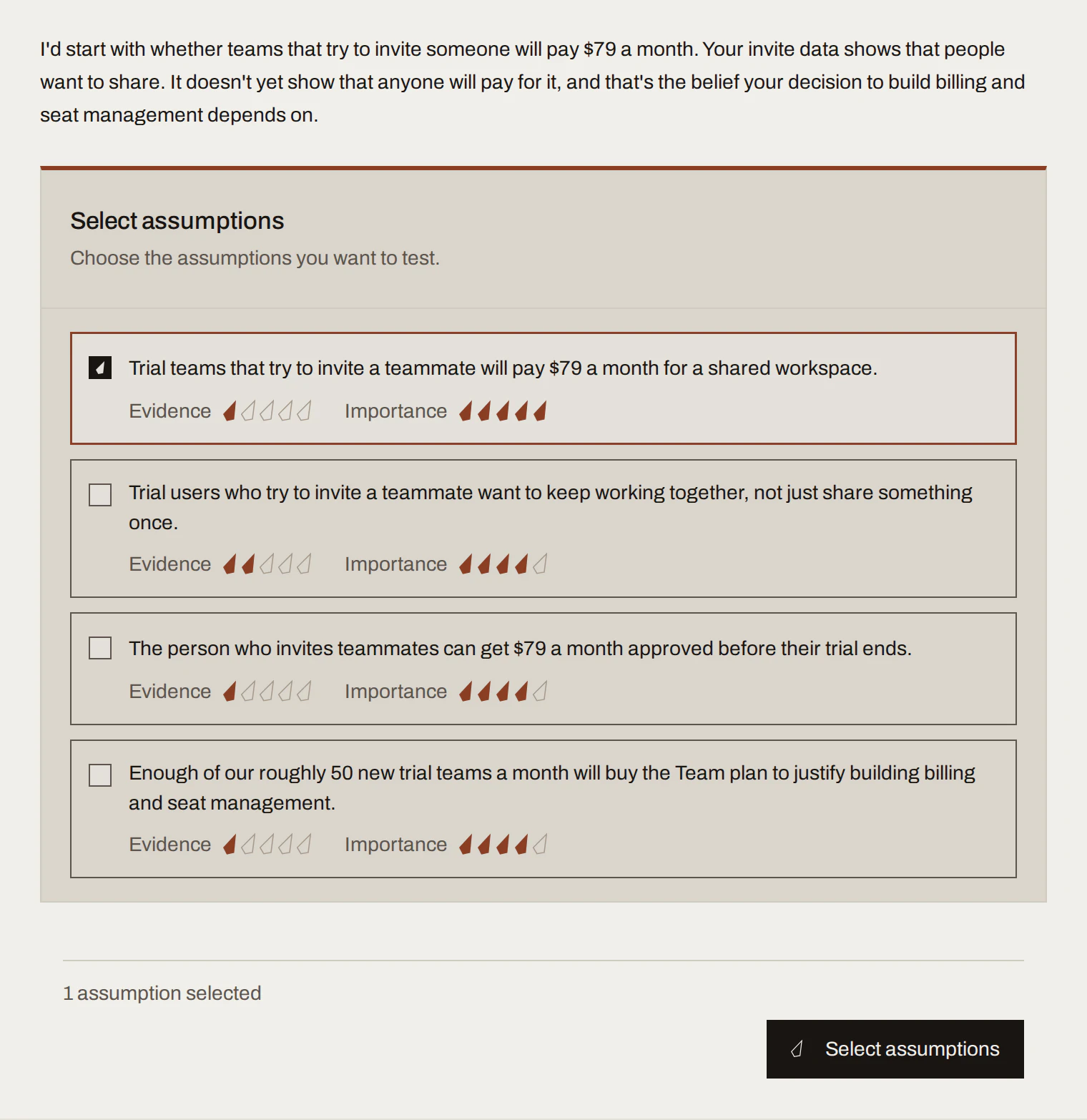 Select assumptions card listing four assumptions with evidence and importance scores