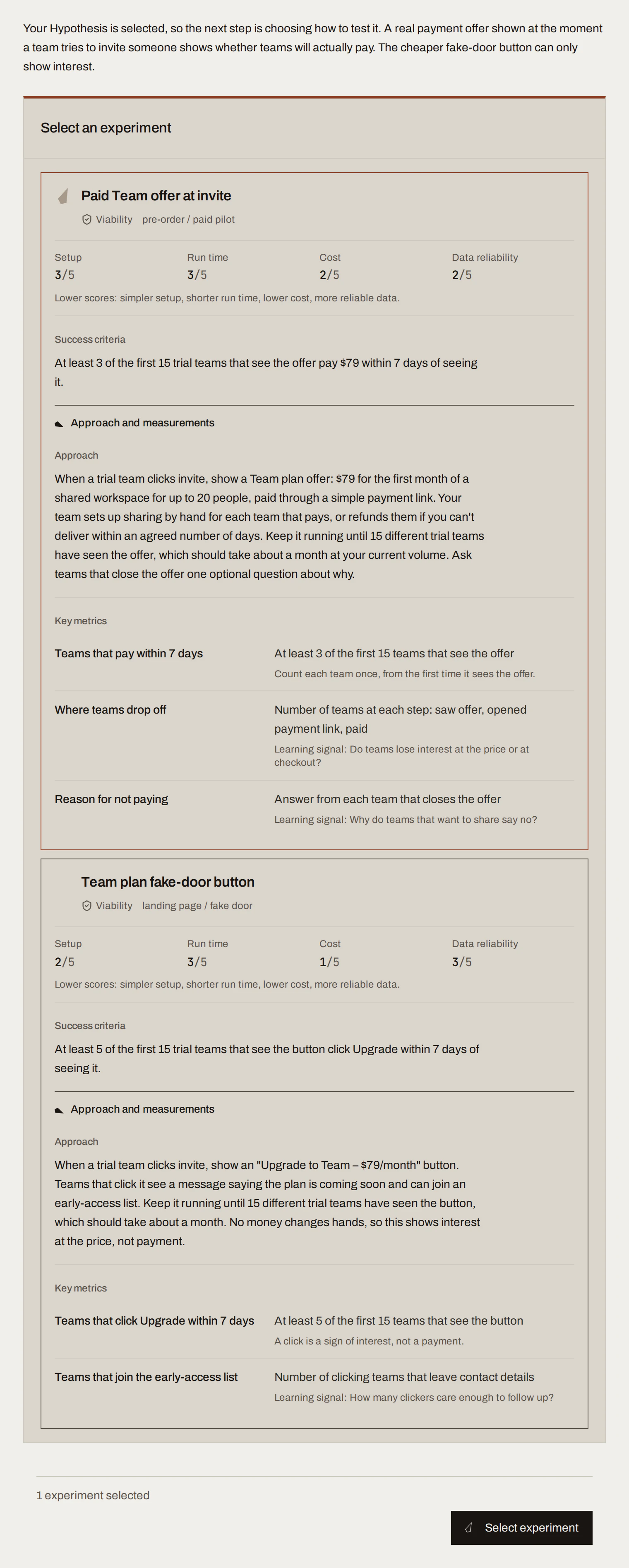 Select an experiment card: Paid Team offer at invite, with scores and success criteria