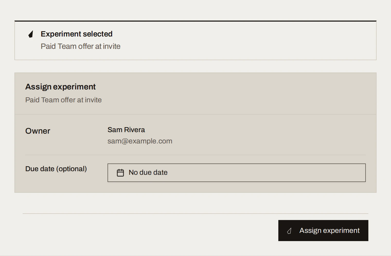 Assign experiment card with owner and optional due date, and the experiment's approach and criteria in the Now panel