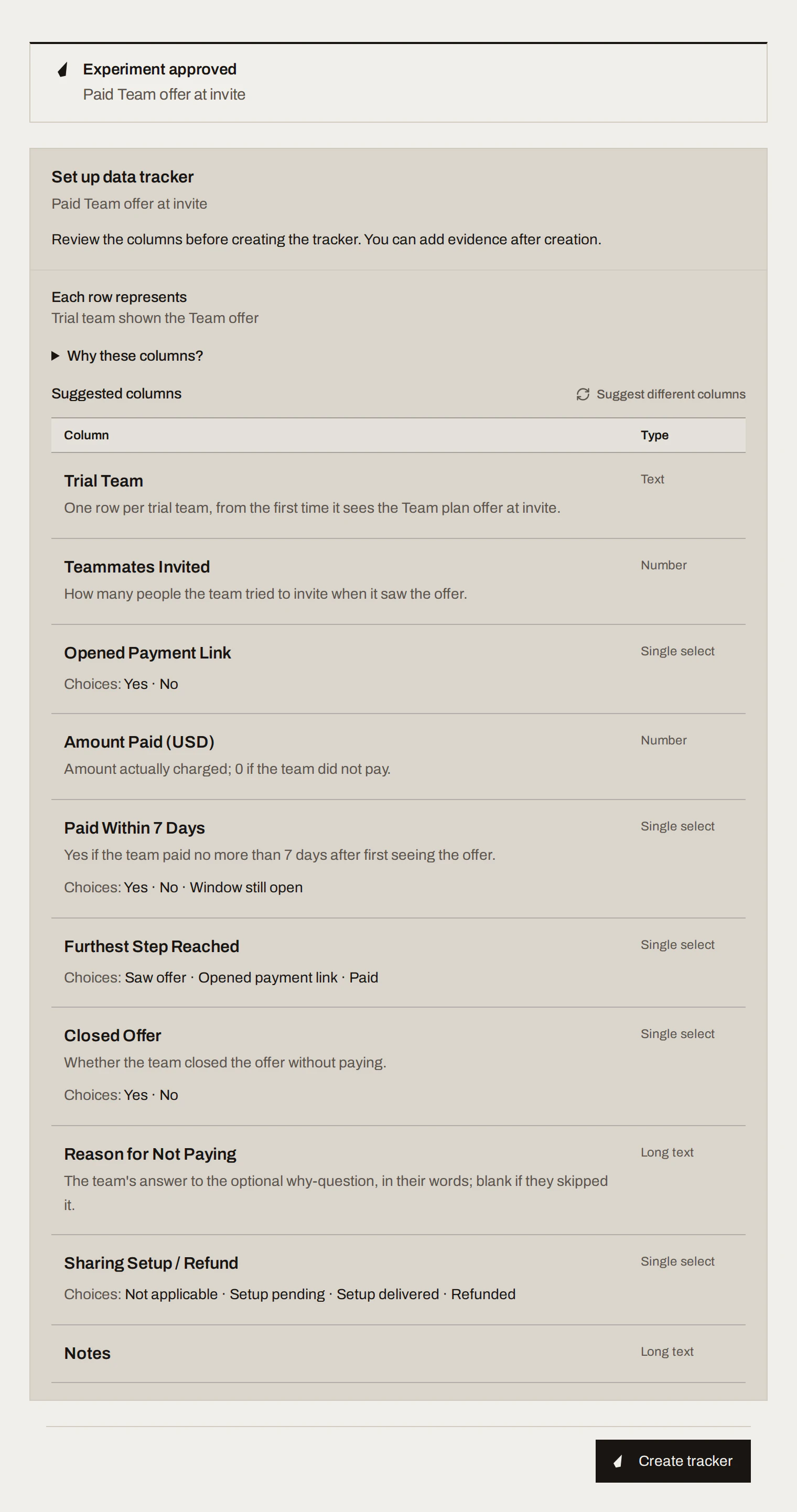 Set up data tracker card: each row is a trial team shown the offer, with ten suggested columns