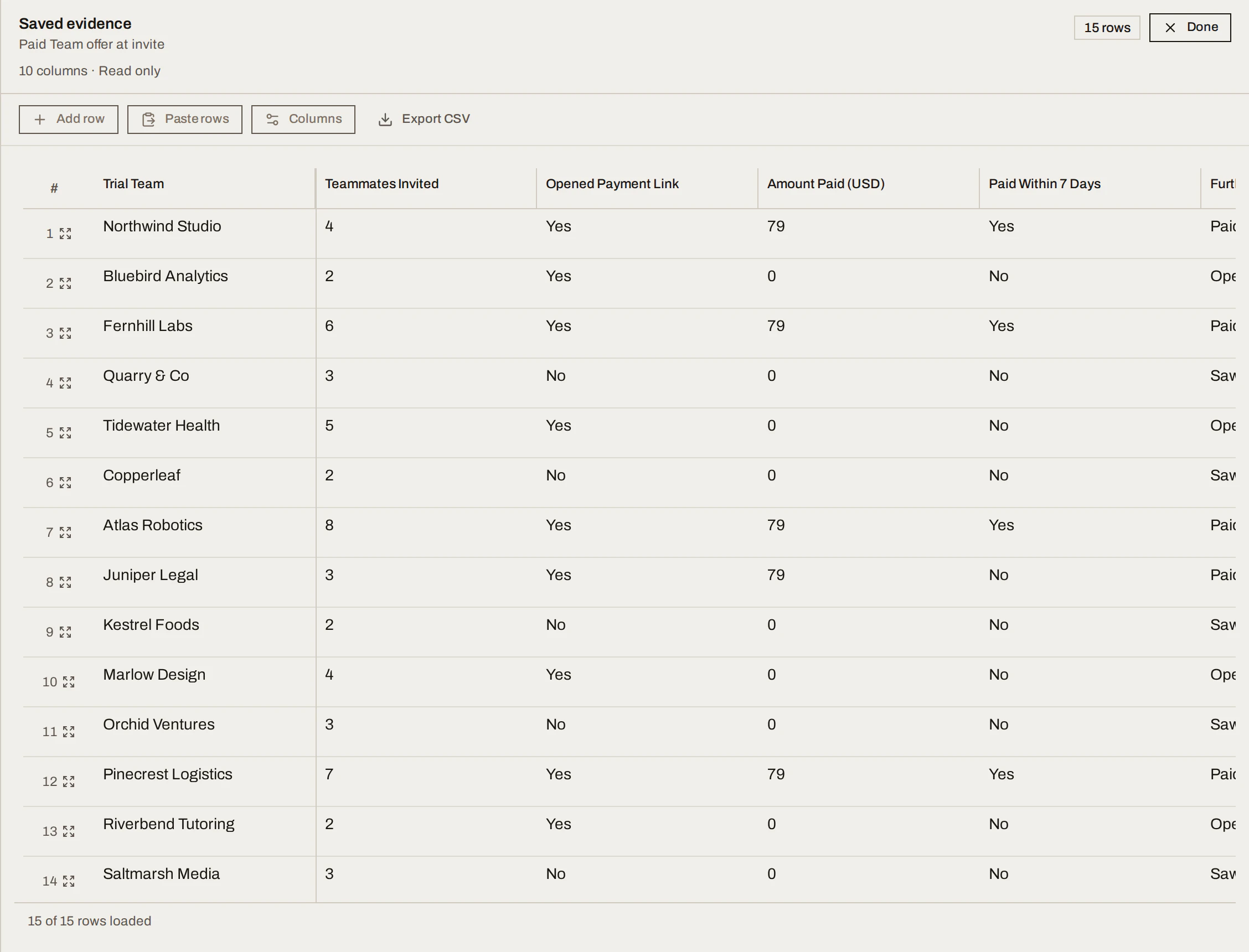 Log evidence sheet with 15 rows and Add row, Paste rows and Import CSV file buttons