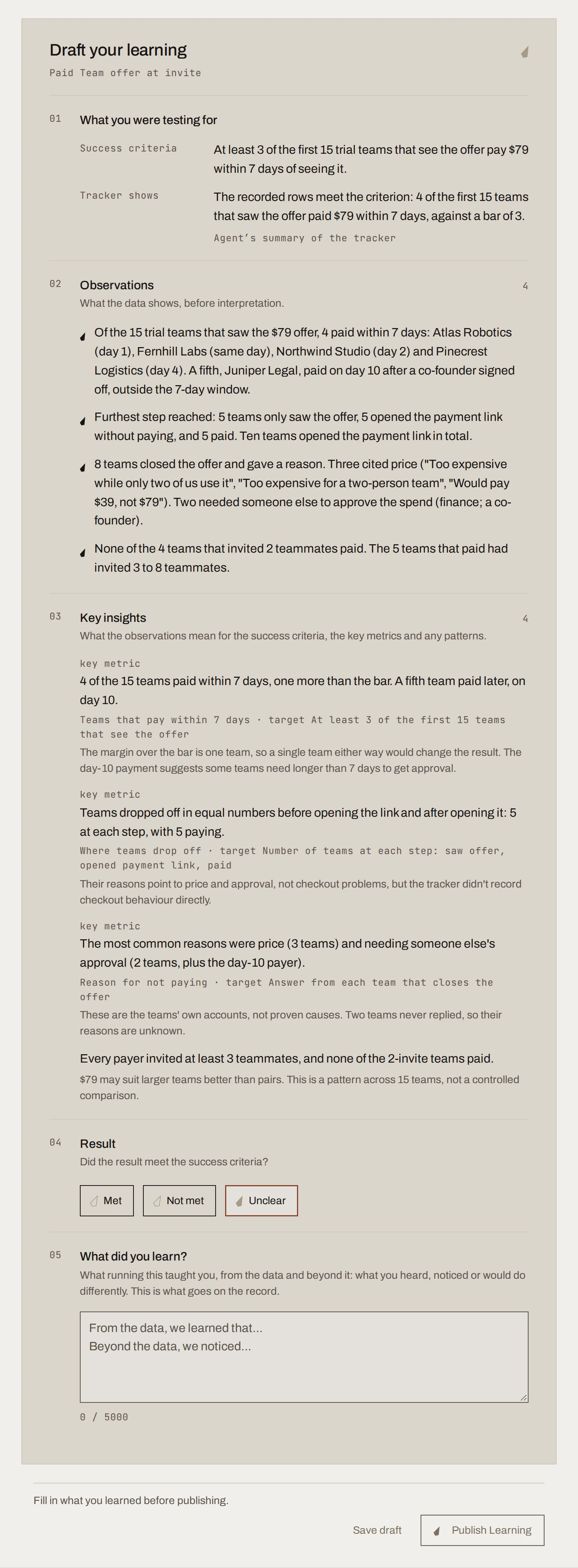 Learning editor with the Result choice (Met, Not met, Unclear) and the What did you learn field