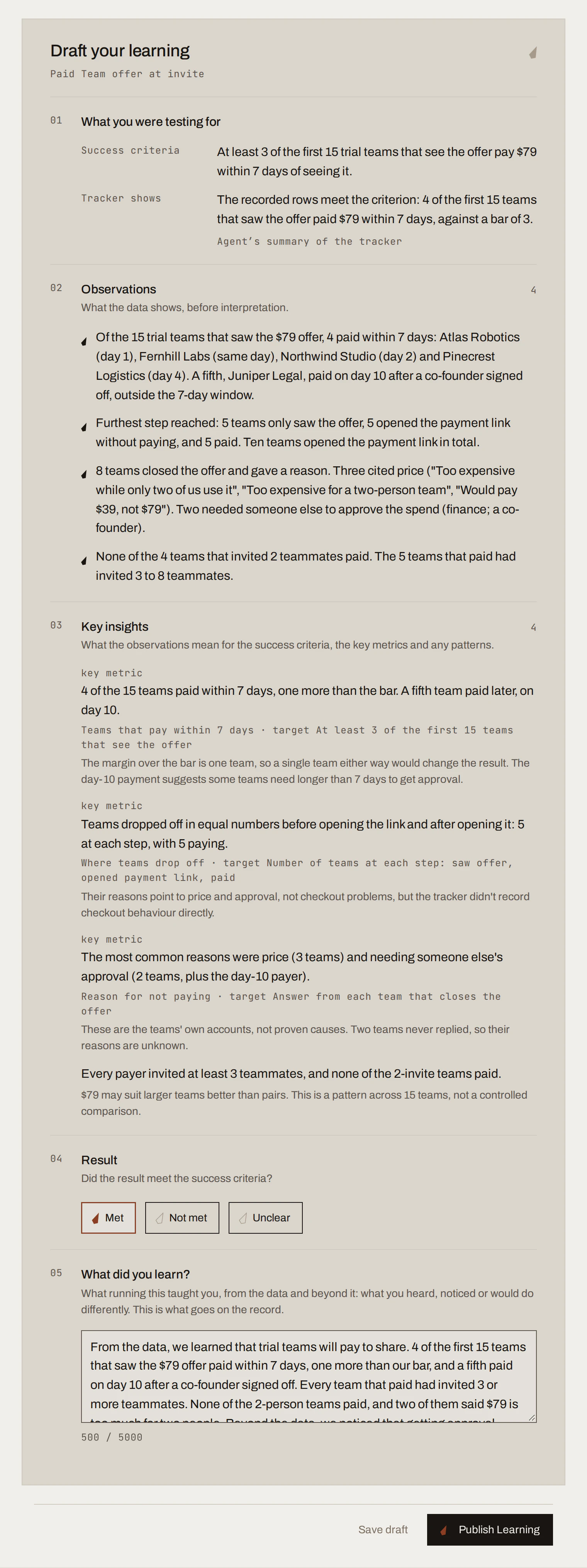 Learning editor with the result set to Met and the narrative written