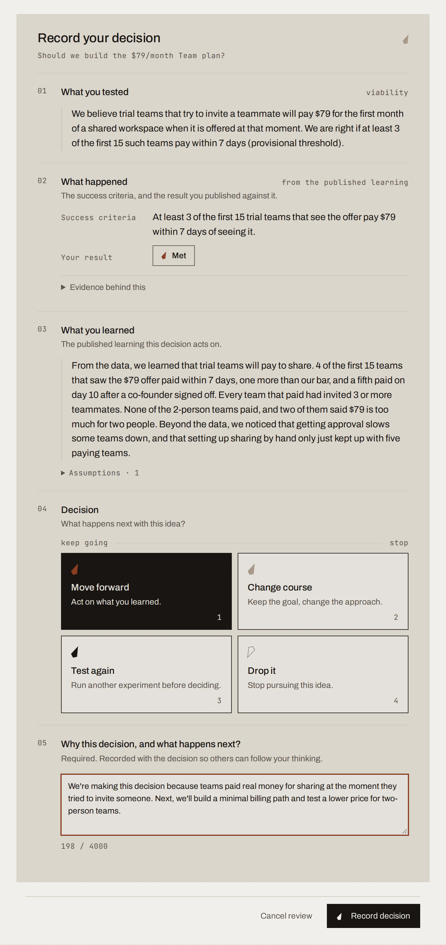 Record your decision form with Move forward chosen and the reasons written