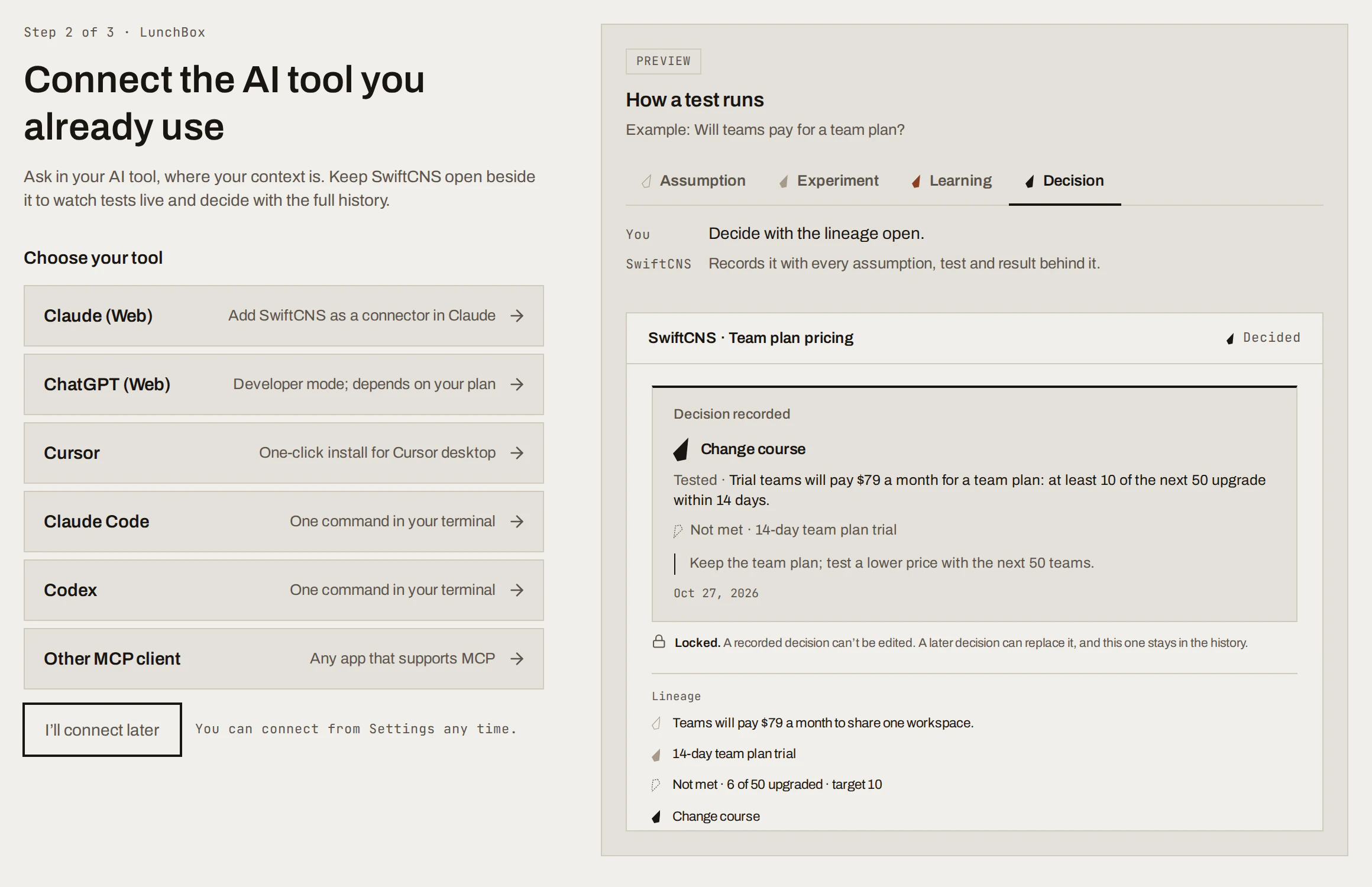 Connect the AI tool you already use: a list of tools beside a preview of how a test runs