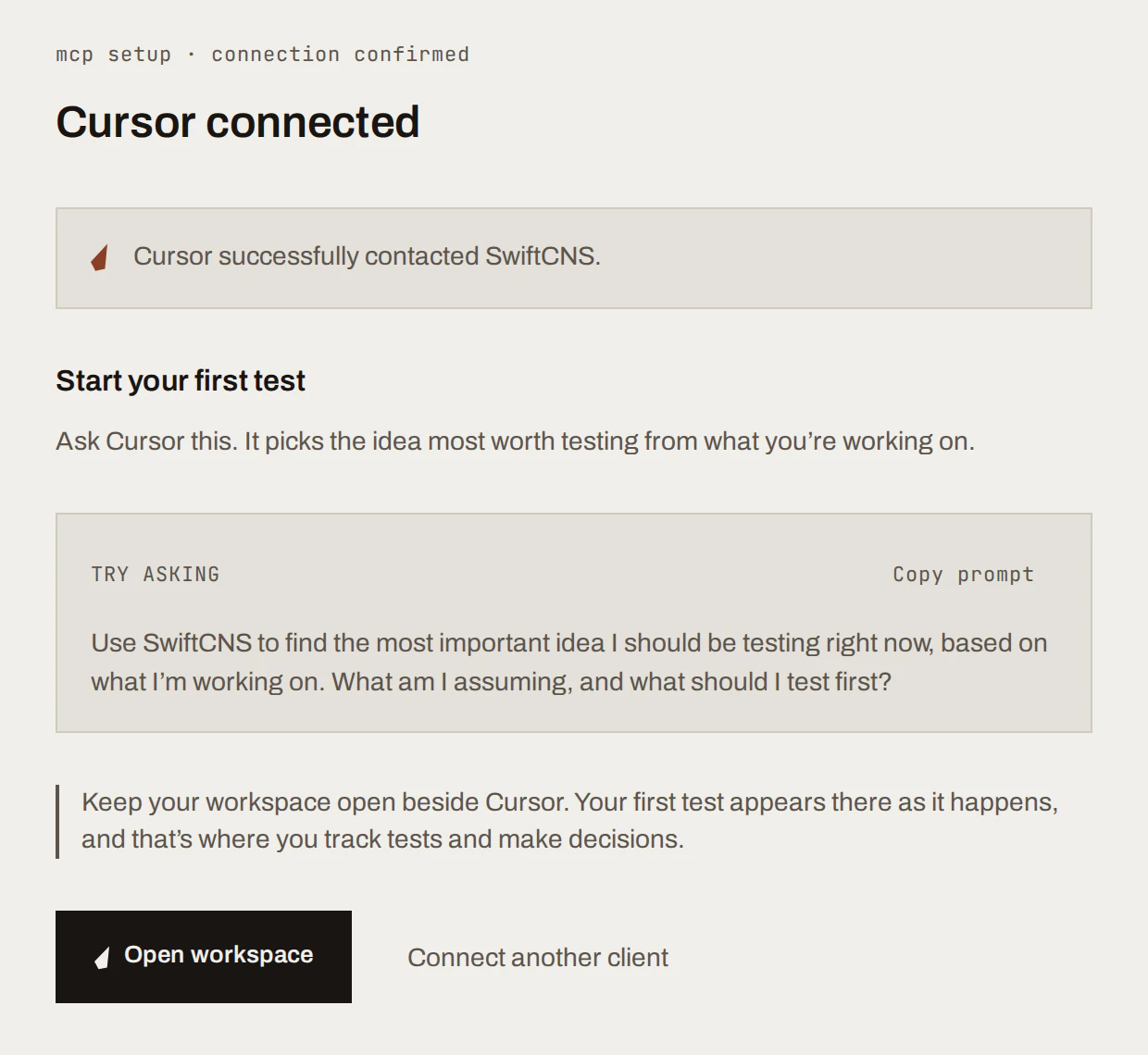 Connection confirmed page with the starter prompt and Open workspace